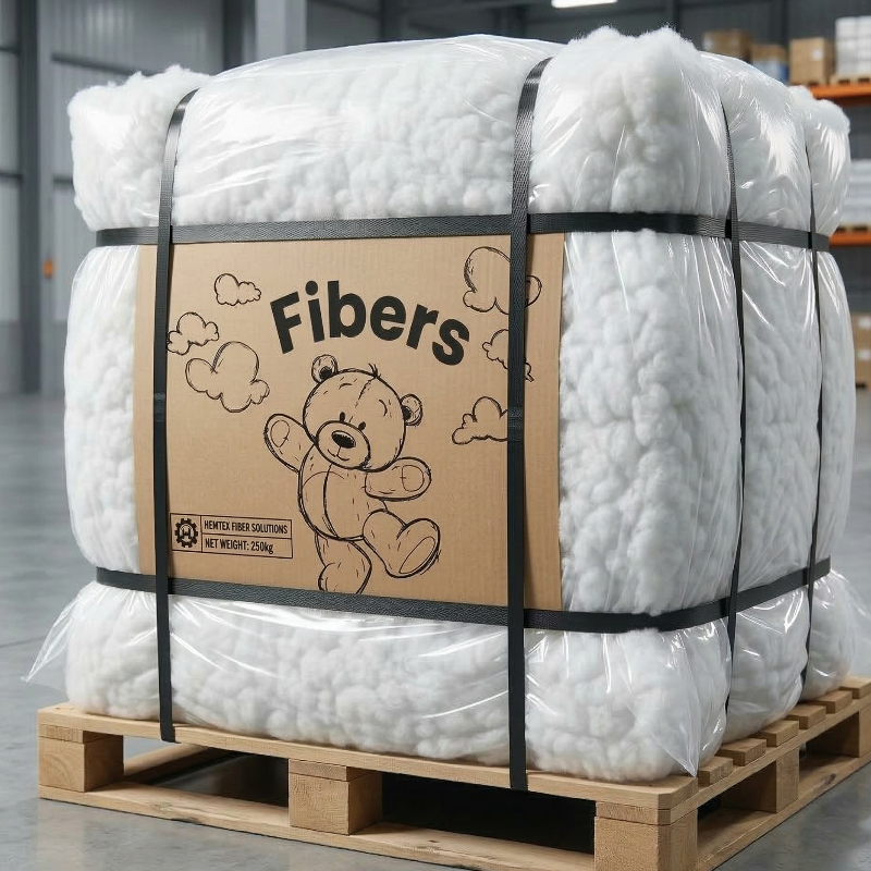 Bale of fibers on a pallet with 'Fibers' label and bear illustration in a warehouse setting