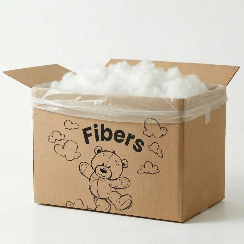 Cardboard box labeled 'Fibers' filled with white fibers on a white background