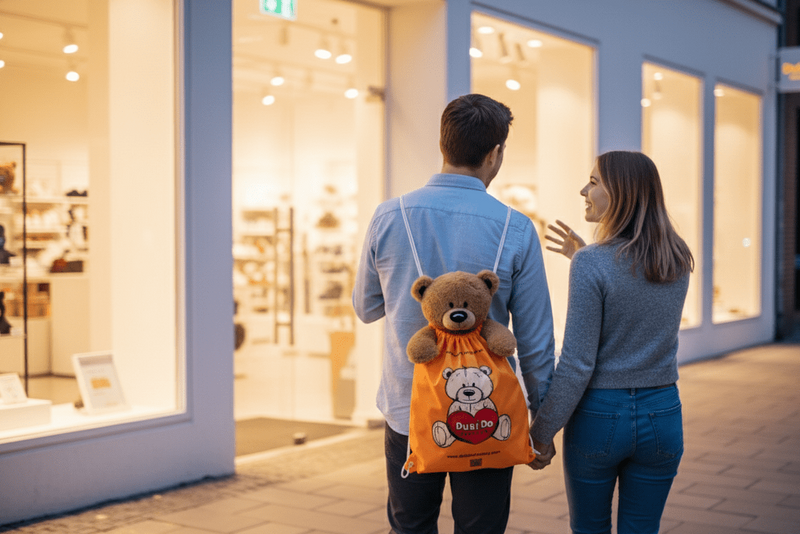 Two people walking together, one carrying a bag with a teddy bear design, in front of a store window.